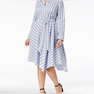 INC Blue, White, & Black Stripe Asymmetrical Shirt Dress with Tie in Size 6P